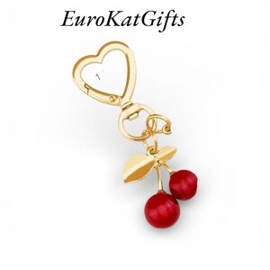 NEW Trending Cherry LA Gold and Red Cherry Bag Charm Heart Key clip Keychain NWT